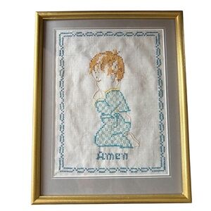 art needlepoint angel child boy prayer AMEN handmade vintage family love